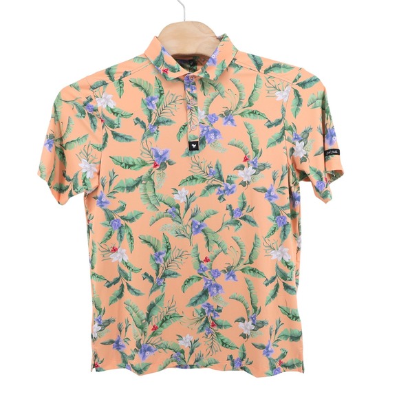 Bad Birdie Mens Core Polo Flora Fiesta Golf Shirt Size L‎ Peach Floral - Picture 2 of 7
